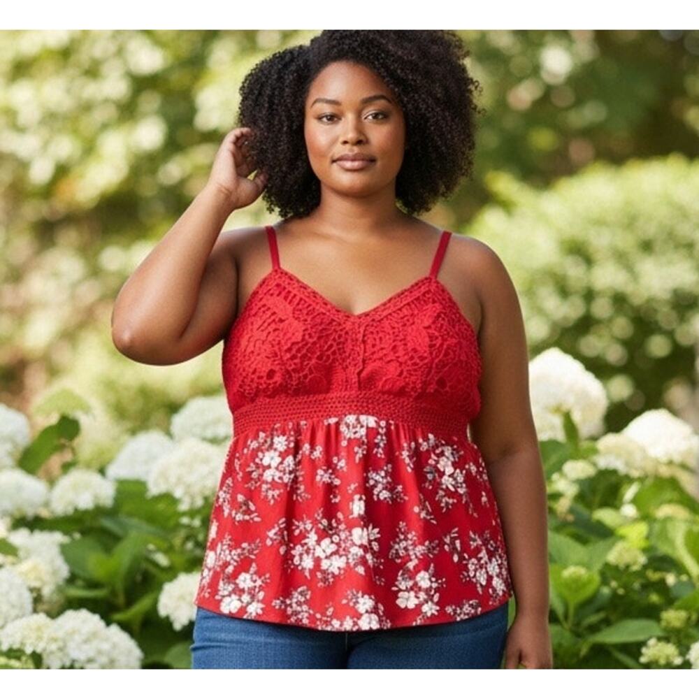 Baby Doll Halter Top Red Floral Y2K Milk Maid Party Crochet SZ XL No Boundaries
